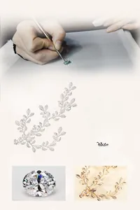 Detailed view of handmade gold floral hair clip with crystals and pearls on eco-metal