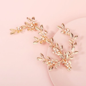 Elegant Alloy Gold Leaf Flower Hair Clip With Rhinestone Artificial Pearl Bridal Wedding Forest Style Women Hair Accessories