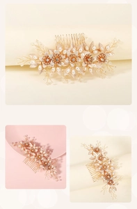 Macro detail of golden bridal hair comb with hand-carved floral petals and elegant pearls
