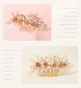 Detailed macro view of handmade gold floral hair comb with pearls and crystals