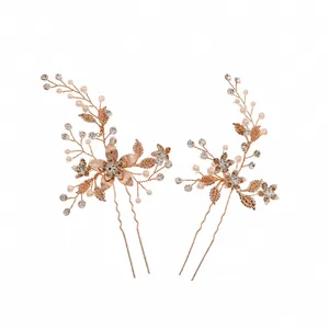 Set d'épingles à cheveux feuilles dorées avec perles et cristaux pour coiffure mariée