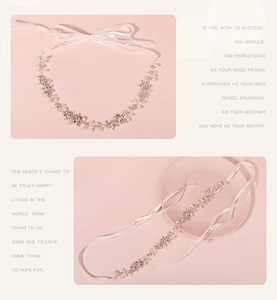 Detail showing handmade bridal headband with white pearls and star crystals on pink ribbons