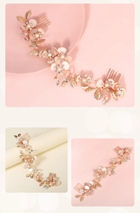 Detailed close-up of handmade floral hair comb with pearls and golden leaves