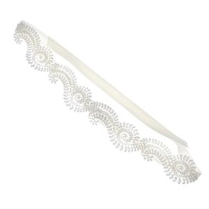 Elegant ivory white lace bridal headband featuring intricate embroidery and pearl detailing