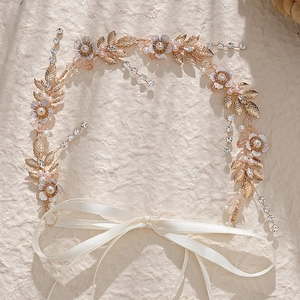 Fascia per Capelli da Sposa Fatta a Mano con Foglia di Metallo Dorato Strass Perla Artificial Fiore per Matrimonio Festa Donna Gioielli