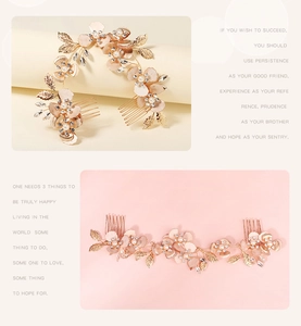 Detail of bridal hair comb set featuring handmade champagne fabric flowers and pearls