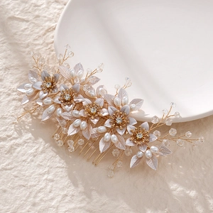 Handmade Bridal Hair Comb Beaded Alloy Flower Leaf Headpiece With Faux Artificial Pearl Crystal Rhinestone For Wedding Party Photography