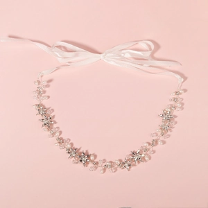 Handmade Bridal Headband Rhinestone Crystal Flower Imitation Artificial Pearl Silver Wire Hair Vine Satin Ribbon For Wedding Women