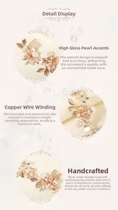 Detail of bridal hair comb with pearls and gold floral leaves for elegant wedding hairstyles
