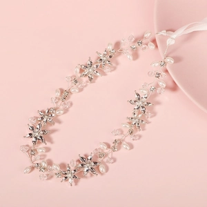 Handmade bridal headband with white pearls, crystal flowers and elegant silk ribbons