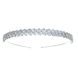 Detail shot of shimmering silver crystal headband with marquise-cut floral leaf patterns