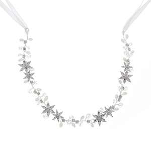Elegant bridal headband with silver wire, crystal flowers and pearls on white ribbons