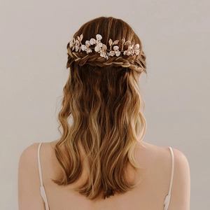 Handmade Pink Flower Bridal Hair Comb Gold Alloy Leaf Faux Artificial Pearl Rhinestone Wedding Hair Accessories For Women