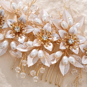 Elegant gold bridal hair comb with handmade white pearls and crystal flowers