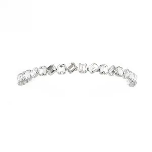 Detail of elegant silver bridal headband with rectangular step-cut cubic zirconia crystals