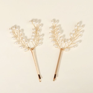 Handmade Artificial Pearl Hair Clip For Women French Vintage Gold Leaf Branch Bobby Pin Bridal Wedding Party Hair Accessories