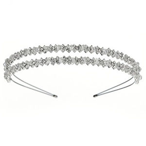 Close-up of silver double-layered bridal headband with sparkling zircon and crystals