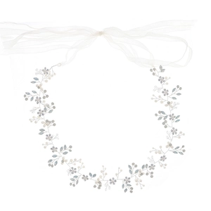 Bandeau de mariée élégant avec perles blanches, cristaux et longs rubans de tulle de mariage