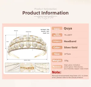 Detailed dimensions of bridal pearl crown with rhinestones and copper base
