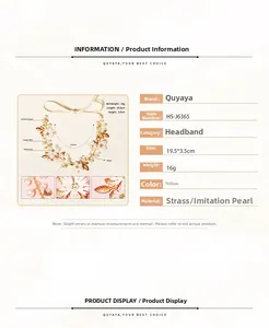 Detail view of floral bridal headband with size 19.5x3.5cm and material specs