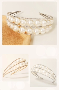 Close-up of luxury pearl and rhinestone bridal headband in gold and silver finish