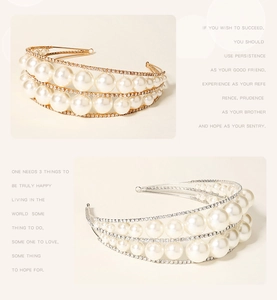 Detailed close-up of double-layered pearl headbands with sparkling rhinestones and gold base