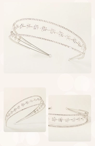 Macro detail of silver tiered floral bridal headband with sparkling rhinestones and petals
