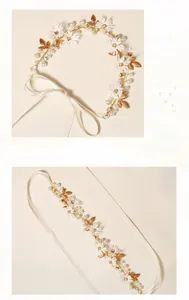 Close-up of handmade floral bridal headband with white daisies and lustrous pearls