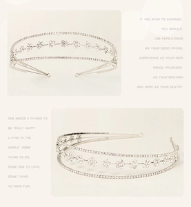 Detailed close-up of a three-tier silver bridal headband with sparkling floral rhinestones