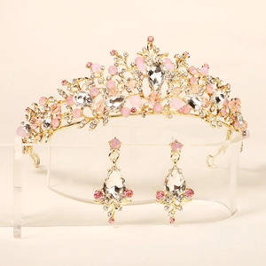 Barock Gold Strass Krone Und Ohrringe Rosa Kristall Braut Kopfschmuck Hochzeit Party Schmuck Für Damen