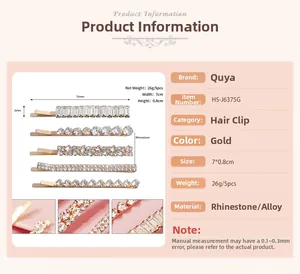 Vue détaillée de l'ensemble de 5 pinces à cheveux dorées avec strass et dimensions