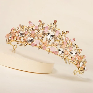 Goldene Brautkrone mit rosa Kristallen und Strasssteinen für Hochzeit und Party-Deko