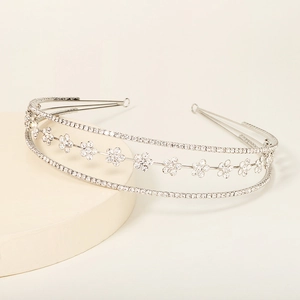 Elegant Three-Layer Bridal Flower Headband Rhinestones Silver Plated Copper Hair Band For Wedding Party Birthday Women