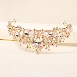 Eleganter goldener Braut-Tiara mit rosa Kristallen und Straßsteinen für Hochzeiten