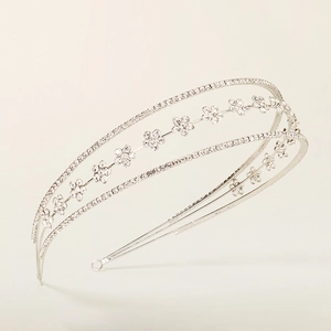 Elegant silver three-layer headband with sparkling rhinestones and flower patterns