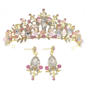 Golden bridal tiara and pink crystal earrings set for weddings and parties