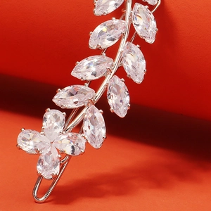 Elegant silver leaf hair clip with marquise and pear-cut cubic zirconia crystals