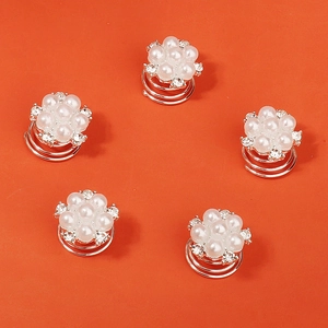 Détails de cinq pinces à cheveux spirales argentées avec perles blanches et strass