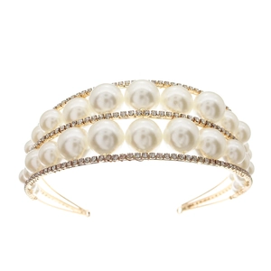 Elegant gold bridal headband featuring double-row pearls and sparkling rhinestones
