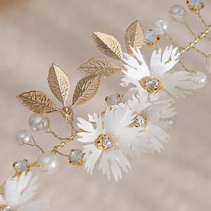 Handmade bridal headband with white daisies, gold leaves, pearls and crystals