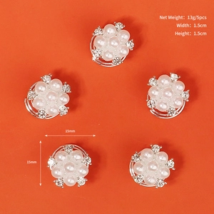 Détail de boutons pour pinces à cheveux avec perles et strass de 15mm, lot de 5 pièces