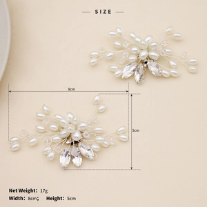 Detail view of handmade pearl and crystal shoe buckle with 8x5cm size specifications