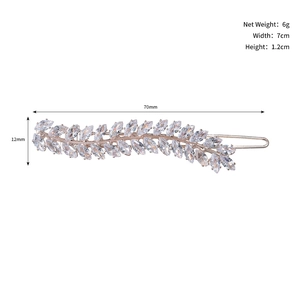 Detailed dimensions of silver leaf hair clip with marquise cut zircons, 70mm length