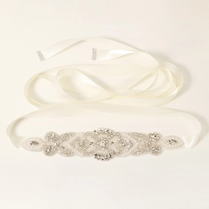 Elegant bridal belt with hand-sewn pearls and rhinestones on a silk satin ribbon