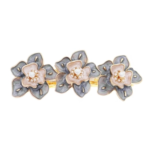 Pince à cheveux vintage fleurs émail bleu rose avec perles sur base dorée