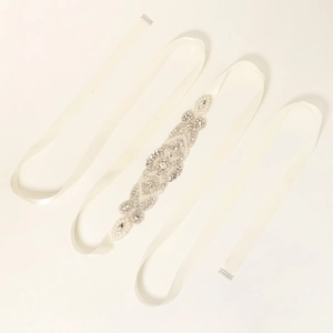 Elegant bridal sash with pearls and rhinestones on off-white satin ribbon for gowns