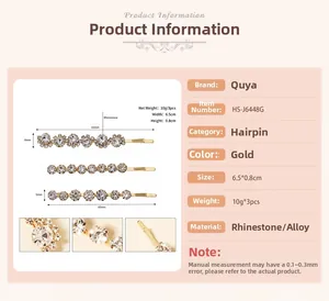 Detailed view of 3-piece gold alloy hair clip set with sparkling rhinestones details