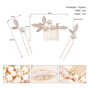 Detail view of handmade pearl flower hair comb set with rose gold leaves and rhinestone accents