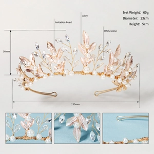 Macro detail of the rose gold alloy crown showing white pearls and intricate metal leaves
