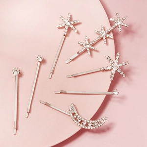 Ensemble élégant de 7 barrettes à cheveux argentées avec étoiles, lune et strass
